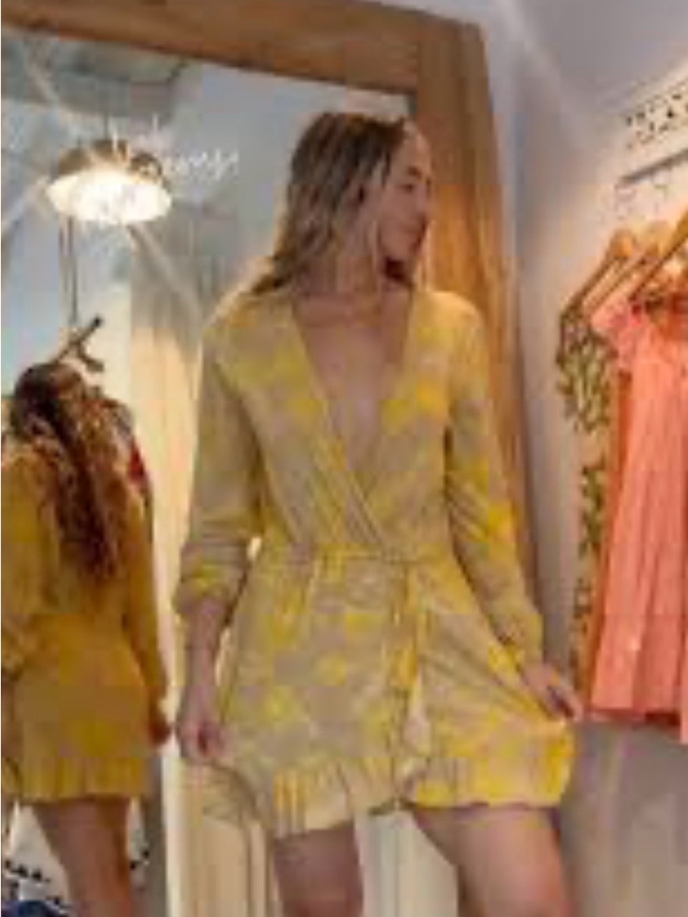 Blue Island Yellow Floral Boho Wrap Mini Dress Swim Coverup Large